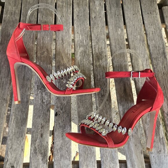 New SCHUTZ Linsey Red Suede Nubuck Rhinestone Sandals Heels Shoes 5 - Picture 4 of 7
